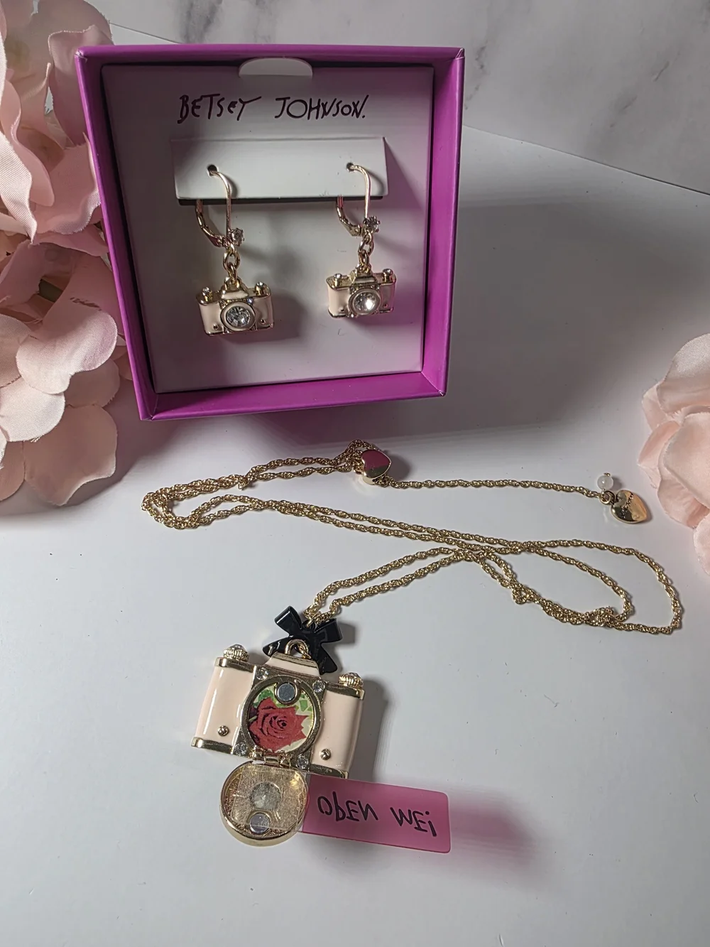 Betsey Johnson - Pink Camera Earrings & Necklace Set